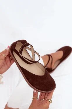 New Zamszowe Baleriny Damskie Barefoot Z Paskami 191 Czekoladowe Damskie Barefoot|Baleriny Skórzane