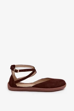 New Zamszowe Baleriny Damskie Barefoot Z Paskami 191 Czekoladowe Damskie Barefoot|Baleriny Skórzane
