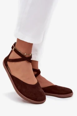 New Zamszowe Baleriny Damskie Barefoot Z Paskami 191 Czekoladowe Damskie Barefoot|Baleriny Skórzane