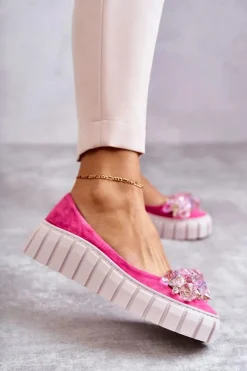 New Zamszowe Baleriny Na Platformie Z Ozdobą Fuksja Ladette Damskie Baleriny Skórzane|Baleriny Klasyczne