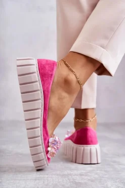 New Zamszowe Baleriny Na Platformie Z Ozdobą Fuksja Ladette Damskie Baleriny Skórzane|Baleriny Klasyczne