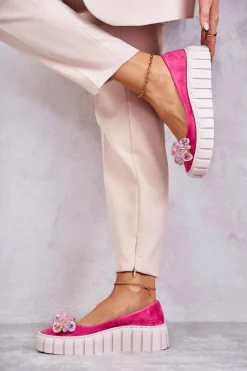 New Zamszowe Baleriny Na Platformie Z Ozdobą Fuksja Ladette Damskie Baleriny Skórzane|Baleriny Klasyczne