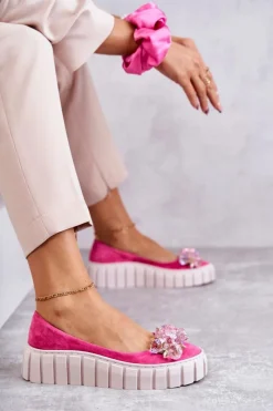 New Zamszowe Baleriny Na Platformie Z Ozdobą Fuksja Ladette Damskie Baleriny Skórzane|Baleriny Klasyczne