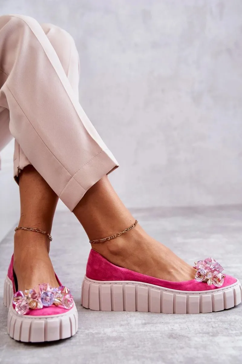 New Zamszowe Baleriny Na Platformie Z Ozdobą Fuksja Ladette Damskie Baleriny Skórzane|Baleriny Klasyczne