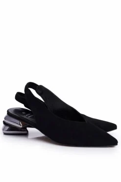 Clearance Laura Messi Zamszowe Baleriny Na Srebrnym Obcasie 2127 Czarne