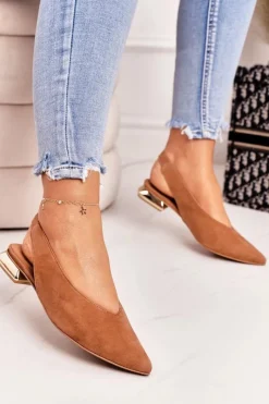 Baleriny Skórzane|Baleriny Klasyczne>Laura Messi Zamszowe Baleriny Na Złotym Obcasie 2127 Camel