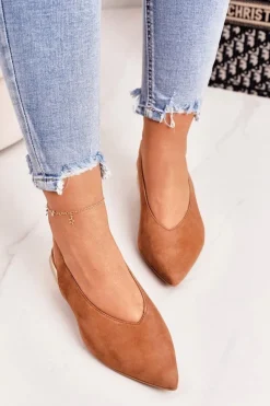 Baleriny Skórzane|Baleriny Klasyczne>Laura Messi Zamszowe Baleriny Na Złotym Obcasie 2127 Camel