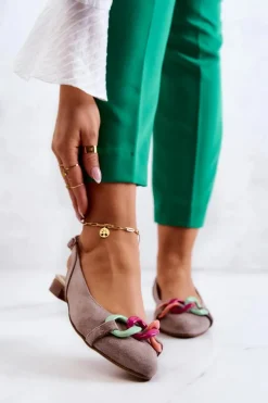 Zamszowe Baleriny Z Łańcuchem Lewski Shoes 3125 Beżowe Damskie Baleriny Skórzane|Baleriny Klasyczne