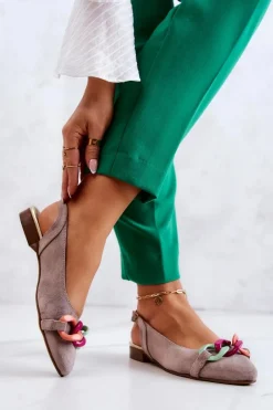 Zamszowe Baleriny Z Łańcuchem Lewski Shoes 3125 Beżowe Damskie Baleriny Skórzane|Baleriny Klasyczne