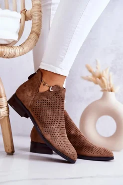 Online Zamszowe Botki Ażurowe Brązowe Shirley Damskie Botki Wiosenne|Brązowe I Beżowe Botki