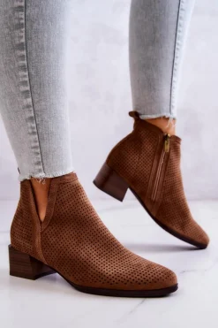New Zamszowe Botki Ażurowe Z Wycięciem Brązowe Carine Damskie Botki Wiosenne|Brązowe I Beżowe Botki