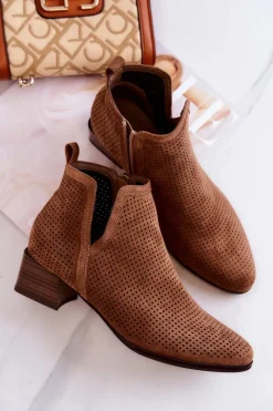 New Zamszowe Botki Ażurowe Z Wycięciem Brązowe Carine Damskie Botki Wiosenne|Brązowe I Beżowe Botki