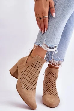 New Zamszowe Botki Ażurowe Z Wycięciem Na Obcasie Beżowe Blakely Damskie Botki Wiosenne|Botki Na Słupku