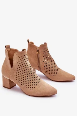New Zamszowe Botki Ażurowe Z Wycięciem Na Obcasie Beżowe Blakely Damskie Botki Wiosenne|Botki Na Słupku