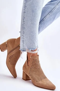 New Zamszowe Botki Ażurowe Z Wycięciem Na Obcasie Beżowe Blakely Damskie Botki Wiosenne|Botki Na Słupku