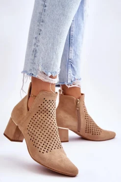 New Zamszowe Botki Ażurowe Z Wycięciem Na Obcasie Beżowe Blakely Damskie Botki Wiosenne|Botki Na Słupku