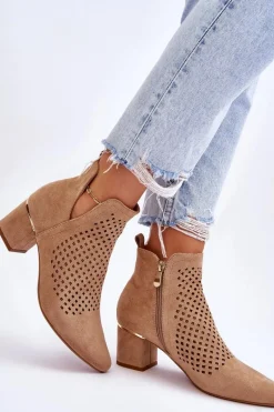 New Zamszowe Botki Ażurowe Z Wycięciem Na Obcasie Beżowe Blakely Damskie Botki Wiosenne|Botki Na Słupku