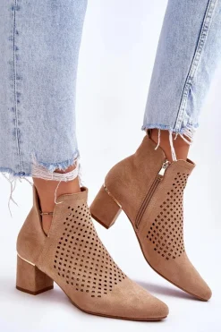 New Zamszowe Botki Ażurowe Z Wycięciem Na Obcasie Beżowe Blakely Damskie Botki Wiosenne|Botki Na Słupku