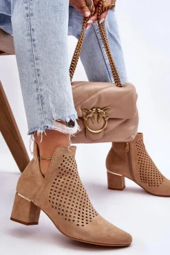 New Zamszowe Botki Ażurowe Z Wycięciem Na Obcasie Beżowe Blakely Damskie Botki Wiosenne|Botki Na Słupku
