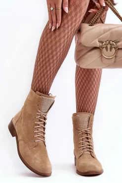 Botki Skórzane|Botki Sznurowane>Boto Zamszowe Botki Damskie Beżowe Nicole 2848