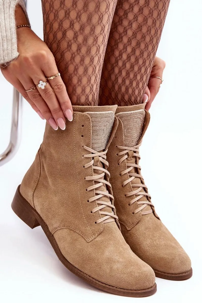 Botki Skórzane|Botki Sznurowane>Boto Zamszowe Botki Damskie Beżowe Nicole 2848