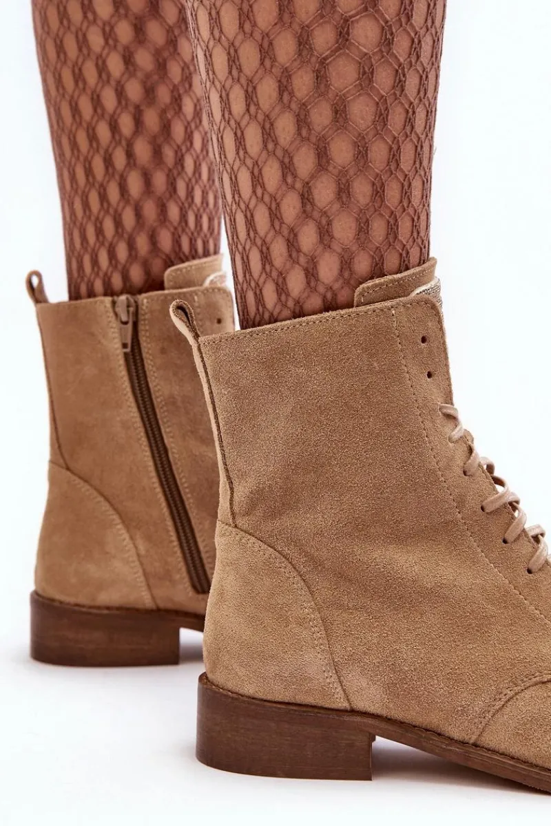 Botki Skórzane|Botki Sznurowane>Boto Zamszowe Botki Damskie Beżowe Nicole 2848