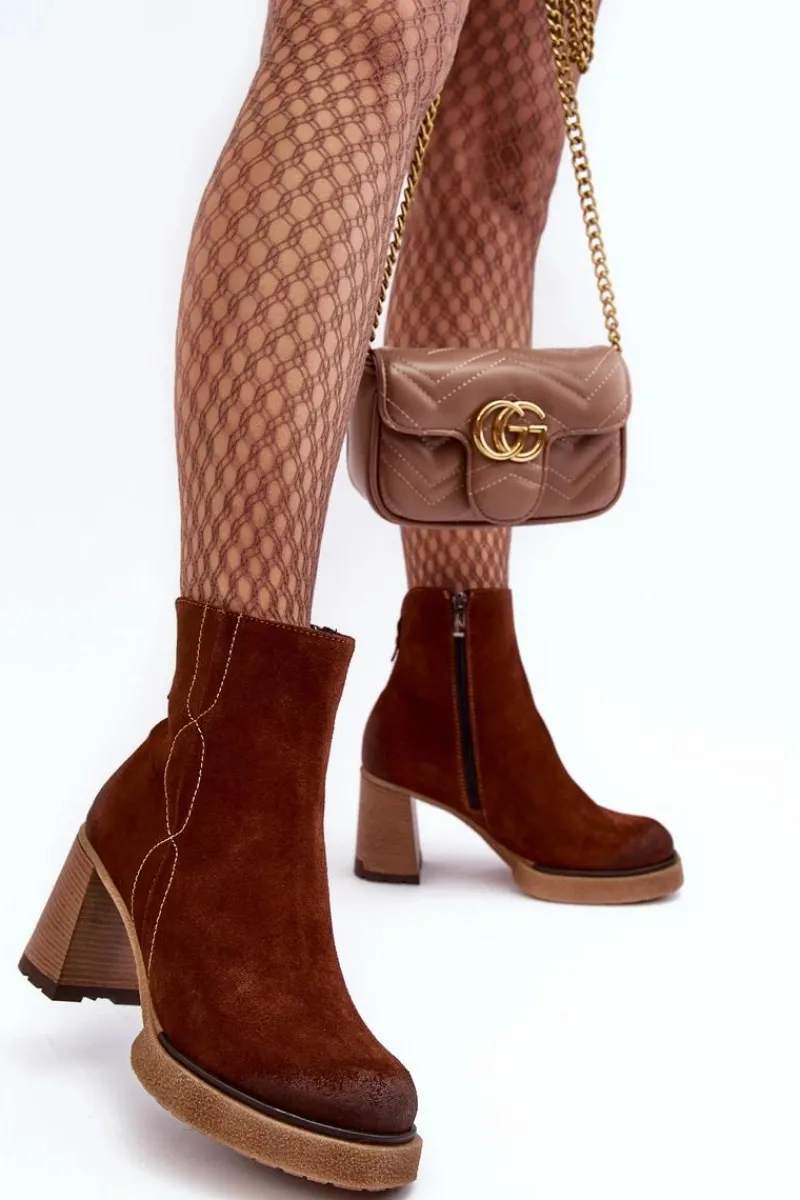 Botki Ocieplane|Botki Skórzane>Boto Zamszowe Botki Damskie Na Słupku Brązowe Lemar Remilda Brązowy