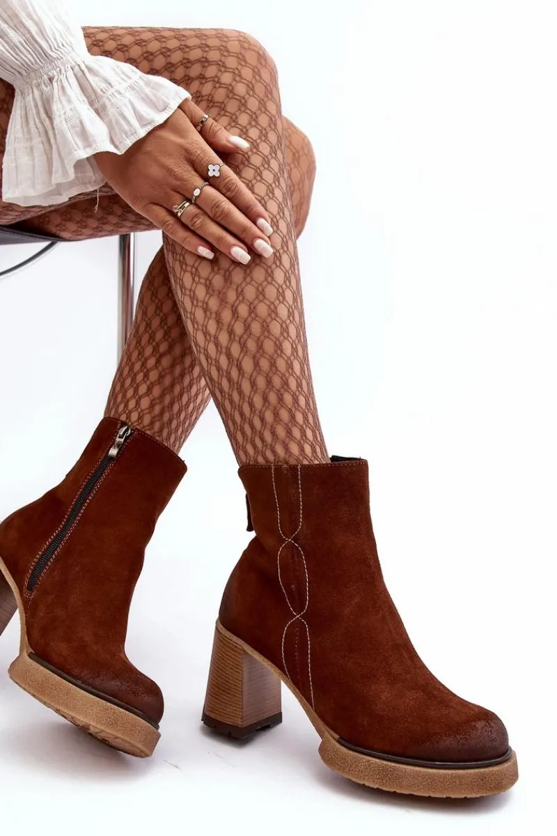 Botki Ocieplane|Botki Skórzane>Boto Zamszowe Botki Damskie Na Słupku Brązowe Lemar Remilda Brązowy