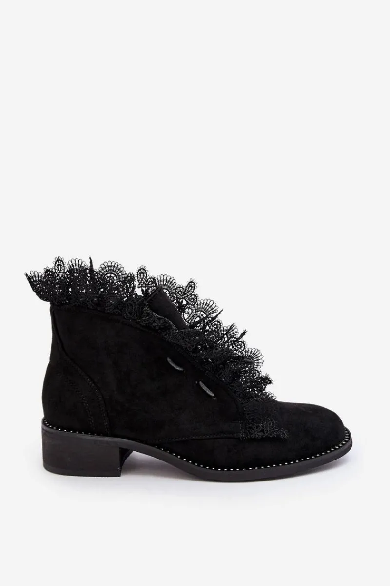 Outlet Boto Zamszowe Botki Damskie Na Płaskim Obcasie Czarne Klemovia