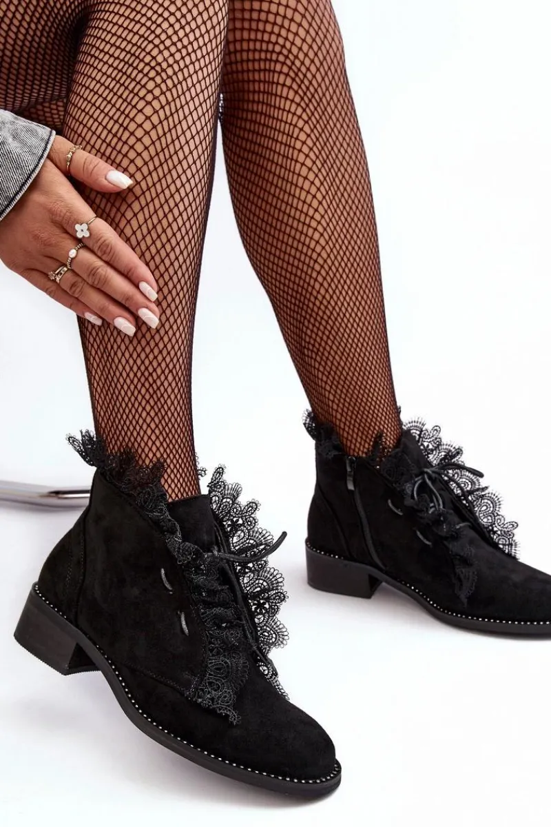 Outlet Boto Zamszowe Botki Damskie Na Płaskim Obcasie Czarne Klemovia