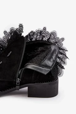 Outlet Boto Zamszowe Botki Damskie Na Płaskim Obcasie Czarne Klemovia