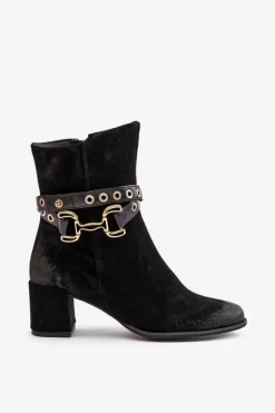 Hot Maciejka Zamszowe Botki Damskie Na Słupku Z Ozdobnym Paskiem 06679-01 Czarne