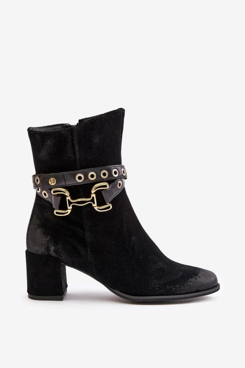 Hot Maciejka Zamszowe Botki Damskie Na Słupku Z Ozdobnym Paskiem 06679-01 Czarne