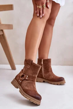New Zamszowe Botki Damskie Na Płaskim Obcasie Lewski 3610 Brązowe Damskie Botki Płaskie|Botki Zamszowe
