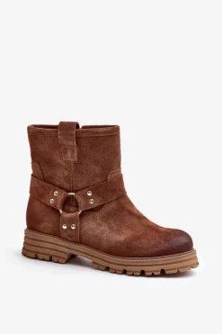 New Zamszowe Botki Damskie Na Płaskim Obcasie Lewski 3610 Brązowe Damskie Botki Płaskie|Botki Zamszowe