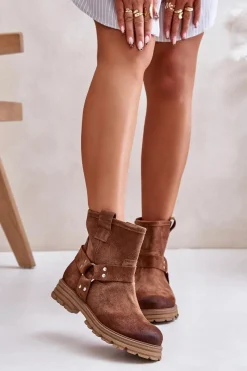 New Zamszowe Botki Damskie Na Płaskim Obcasie Lewski 3610 Brązowe Damskie Botki Płaskie|Botki Zamszowe