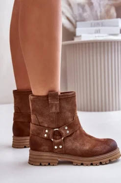 New Zamszowe Botki Damskie Na Płaskim Obcasie Lewski 3610 Brązowe Damskie Botki Płaskie|Botki Zamszowe
