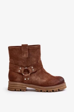 New Zamszowe Botki Damskie Na Płaskim Obcasie Lewski 3610 Brązowe Damskie Botki Płaskie|Botki Zamszowe