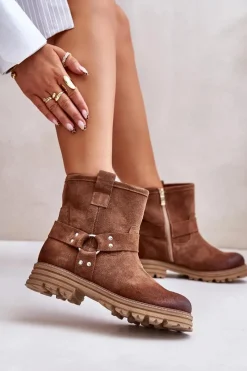 New Zamszowe Botki Damskie Na Płaskim Obcasie Lewski 3610 Brązowe Damskie Botki Płaskie|Botki Zamszowe