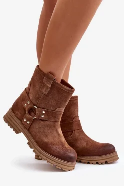 New Zamszowe Botki Damskie Na Płaskim Obcasie Lewski 3610 Brązowe Damskie Botki Płaskie|Botki Zamszowe