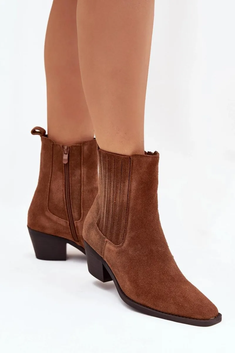 Outlet Boto Zamszowe Botki Damskie Na Słupku Ocieplane Camel Arelia