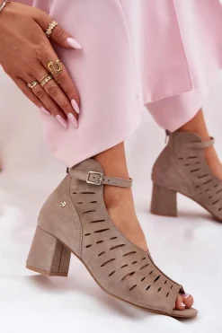 Zamszowe Botki Damskie Na Słupku 06893-10 Ciemnobeżowe Damskie Botki Wiosenne|Botki Maciejka