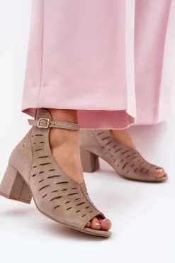 Zamszowe Botki Damskie Na Słupku 06893-10 Ciemnobeżowe Damskie Botki Wiosenne|Botki Maciejka