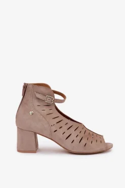 Zamszowe Botki Damskie Na Słupku 06893-10 Ciemnobeżowe Damskie Botki Wiosenne|Botki Maciejka