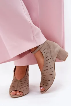 Zamszowe Botki Damskie Na Słupku 06893-10 Ciemnobeżowe Damskie Botki Wiosenne|Botki Maciejka