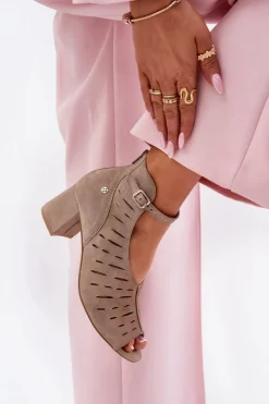 Zamszowe Botki Damskie Na Słupku 06893-10 Ciemnobeżowe Damskie Botki Wiosenne|Botki Maciejka