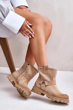 Zamszowe Botki Damskie Na Płaskim Obcasie Lewski 3610 Beżowe Damskie Botki Płaskie|Botki Zamszowe