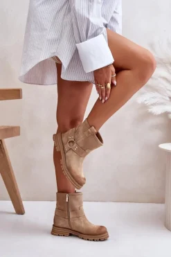 Zamszowe Botki Damskie Na Płaskim Obcasie Lewski 3610 Beżowe Damskie Botki Płaskie|Botki Zamszowe