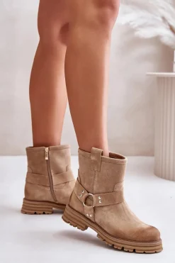 Zamszowe Botki Damskie Na Płaskim Obcasie Lewski 3610 Beżowe Damskie Botki Płaskie|Botki Zamszowe