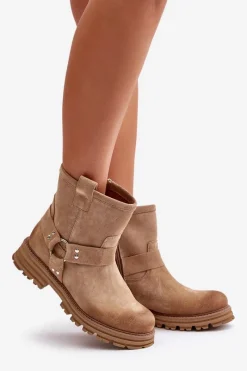 Zamszowe Botki Damskie Na Płaskim Obcasie Lewski 3610 Beżowe Damskie Botki Płaskie|Botki Zamszowe